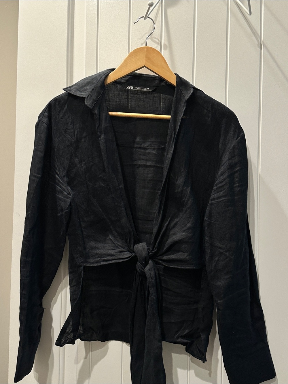 Zara Black Tie-Front Cropped Linen Shirt